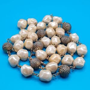 Vintage Wire Wrapped Beaded Necklace, Beige Pearled Gold Rope Beads, 36"